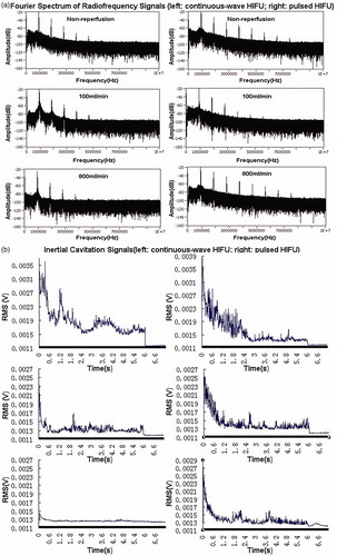 Figure 7. Representative images of the Fourier spectra of the radiofrequency signals (A) and typical time evolutions of inertial cavitation activity as a function of time for PCD signals (B) at the HIFU focus during exposures with varying perfusion flow rates.