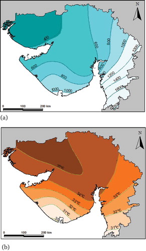 Figure 2. (a) Isohyetal map showing long-term (1981–2010) mean monsoonal rainfall, and (b) isothermal map showing long-term (1981–2010) mean maximum temperature during the monsoon season.