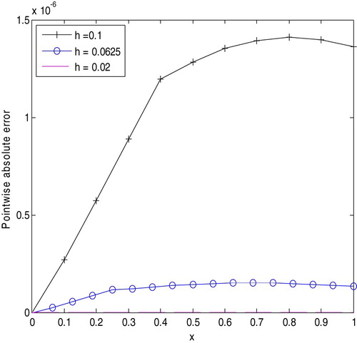 Figure 2. Pointwise absolute errors for Example 4.1 with different values of h.