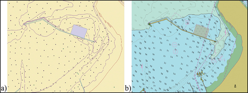 Figure 1. Geographic objects (a) versus cartographic portrayal (b) for ENC US5DE1EGM.