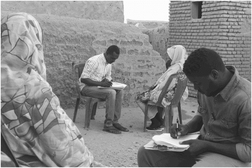 Figure 2. Questionnaires being carried out by University of Khartoum students, Basil Kamal Bushra and Mohammed Nasreldein Babiker at a women’s meeting. Provided by authors.