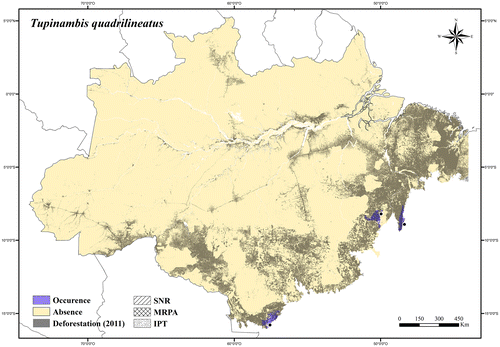 Figure 112. Occurrence area and records of Tupinambis quadrilineatus in the Brazilian Amazonia, showing the overlap with protected and deforested areas.