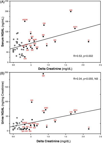 Figure 3. Correlations between serum or urine NGAL and acute renal dysfunction. In (A) serum NGAL levels correlates with maximal rise in serum creatinine from baseline pre-hospitalization levels (delta creatinine, R = 0.53, p = .002). The correlation between urine NGAL and delta creatinine (B) falls short of statistical significance (R = 0.34, p = .055, NS, Pearson's correlations for the entire cohort of patients). Patients with AKI are presented as filled symbols, with their potential contributing factors underscored by adjoining descriptions. S: sepsis/infection; H: heart failure; D: dehydration/volume depletion; R: RAAS blockade; A: age ≥ 75, X: NSAID other than aspirin.