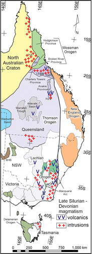 Figure 9. Map of the Tasmanides in eastern Australia showing units referred to in the text and the record of late Silurian – Devonian magmatism for eastern Australia, compiled from Glen (Citation2005), Fergusson (Citation2010), Jell (Citation2013) and Purdy et al. (Citation2018). BHB, Broken Hill Block; BB, Burdekin Basin; GP, Greenvale Province; KB, Koonenberry Belt (part of the Delamerian Orogen); LB, Lolworth Batholith; PIA, Pama Igneous Association; RaB, Ravenswood Batholith; RB, Retreat Batholith; US, Ukalunda Shelf.