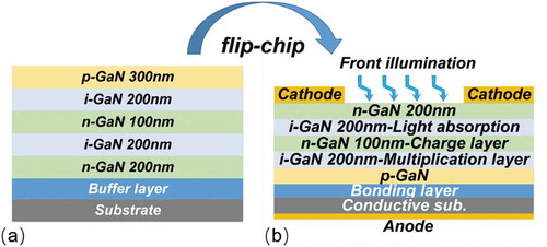 Figure 1. (a) Starting epitaxial structure; (b) Proposed device structure using a flip-chip and substrate removal technology.