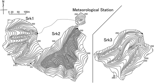 Figure 2. Contour map of study areas within Sarukawa Experimental Watershed; No. 1 (Srk1), No. 2 (Srk2), and No. 3 (Srk3). Shaded area represents 25% harvest cutting area of Srk2 in 1982.