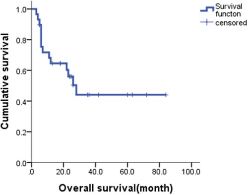 Figure 3 Overall survival of GDPT with relapsed/refractory PLCL.Abbreviation: GDPT, gemcitabine, cisplatin, prednisone, and thalidomide.