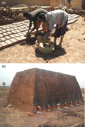 Figure 3 Phases of earthen brick production in the region of N'Djamena (TD): (a) dough forming and sun drying and (b) typical scove kiln bricks.