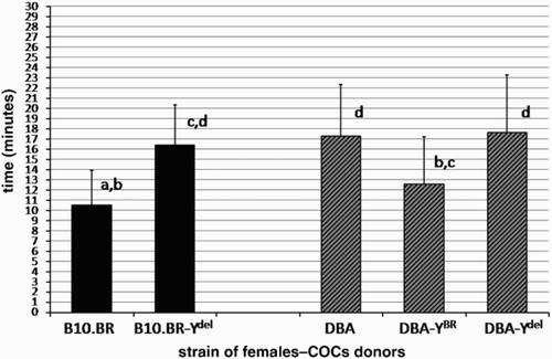 Figure 1.  Time to DBA cumulus cell dispersion. The amount of time required for hyaluronidase to disperse cumulus cells surrounding ovulated oocytes of DBA, DBA-YBR and DBA-Ydel females in comparison to COCs of B10.BR and B10.BR-Ydel females is shown (mean ± SD, n = 20 groups of COCs for each strain). Values which do not share the same a, b, c, d identifiers are significantly different (P < 0.05).