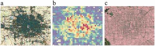 Figure 2. Examples of social sensing big data in Beijing, China. (a) Point of Interests (POIs) for Weibo check-in records; (b) Tencent mobile-phone location-based service (LBS) active population density; and (c) OpenStreetMap based road networks