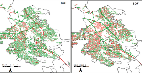 Figure 11. Theme Mobility: The figure shows the difference in VMT for SOT (left) and SOF (right) compared to baseline UET for San Jose. The red or green represents the increase or decrease in VMT, and the thickness represents the magnitude of the difference. Only highways and neighborhood residential streets are shown. It can be seen that SOF has shifted a significant amount of traffic from highways (broad green lines) to residential streets (thin red lines) in an attempt to reduce fuel consumption.