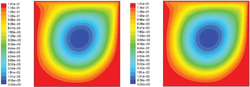 Figure 5. Stream function ψ fields of the DM (left) and the RM n = 8 (right) for Re = 1000. Available in colour online.