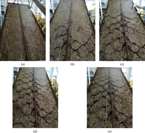 Figure 4. Development of slope failure with the rainfall process: (a) 3 min; (b) 10 min; (c) 19 min; (c) 23 min and (e) 30 min. Slopes were reinforced with large (left) and small (right) geocells.