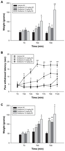 Figure 2 (A) Effect of draflazine in various doses (2.5–10 mg/kg) and vehicle on complete Freund’s adjuvant-induced mechanical hyperalgesia. Shown are the mean and standard error of the mean values for mechanical withdrawal threshold in grams for the inflamed left paw; 5–7 animals per dose group were tested. Dose groups were compared with the vehicle group using the Wilcoxon-Mann-Whitney test, with correction for repeated measures. *P < 0.05; **P < 0.01. (B) Effect of draflazine at various doses (2.5–10 mg/kg) and vehicle on carrageenan-induced thermal hyperalgesia. Shown are the mean and standard error of the mean values for thermal paw withdrawal latency in seconds for the inflamed left paw; 5–7 animals per dose group were tested. Dose groups were compared with the vehicle group using the Wilcoxon-Mann-Whitney test, with correction for repeated measures. *P < 0.05; **P < 0.01. (C) Effect of draflazine at various doses (2.5–10 mg/kg) and vehicle on carrageenan-induced mechanical hyperalgesia. Shown are the mean and standard error of the mean values for mechanical withdrawal threshold in grams for the inflamed left paw; 5–7 animals per dose group were tested. Dose groups were compared with the vehicle group using the Wilcoxon-Mann-Whitney test, with correction for repeated measures. *P < 0.05; **P < 0.01.