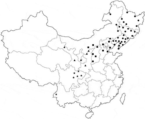 Fig. 1 Setosphaeria turcica samples collected from various sites in China. All isolates belong to four groups based on geographical division of China. ●: Northeast China; ■: North China; ▲: Northwest China; ★: Southwest China.