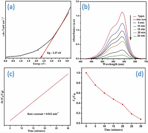 Figure 10. (a) Bandgap analysis using the Tauc equation, (b) photocatalytic activity profile, and (c,d) kinetics of MoO3 nanoparticles.