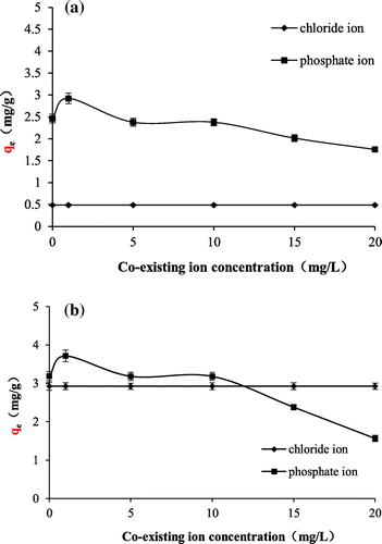 Figure 8. Effects of coexisting ions on fluoride adsorption onto TiO2(T) (a) and TiO2(S) (b).
