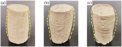 Figure 15. Failure mode of undisturbed samples of high liquid limit clay (θ = 0°, 45°, and 90°) under 100 kPa cell pressure with 0 D-W cycles (a) θ = 0°; (b) θ = 45°; (c) θ = 90°.