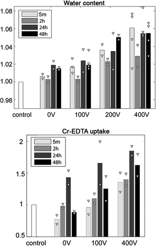 Figure 7. Water content: The water content of the electroporated region (right hemisphere) divided by the water content of the control region (left hemisphere). Extracellular volume (ECV): The change in 51Cr-EDTA uptake as counts per unit tissue weight of the electroporated region over counts per unit tissue weight of the control region. Bars show median values and white triangles indicate individual data points (2–4 observations per group).