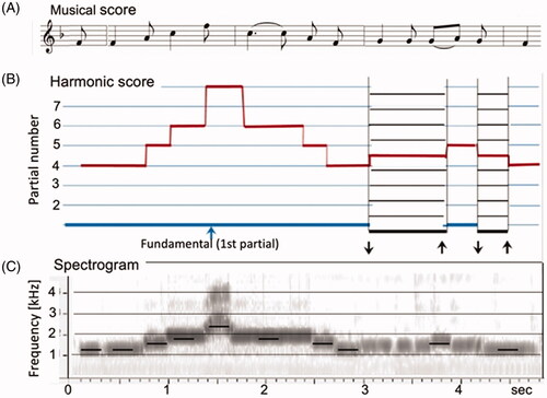 Figure 1. (A) Score of the melody our overtone singer subject performed in overtone singing. (B) Partials are used for the melody tones (red lines) and the drone fo (blue and black lines). (C) Wideband spectrogram of the performance (range 40 dB). Reproduced with the permission of the Acoustical Society of America.