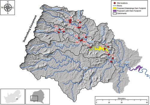 Figure 1. Study area location, the contributing sub-catchments, the footprints of the proposed dams, and sample sites.