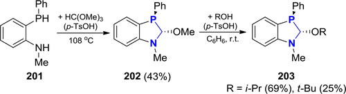 Scheme 122. Cyclocondensation of N-methyl-2-(phenylphosphino)aniline with HC(OMe)3 and exchange of the OMe-group with other alcohols.[Citation395,Citation396]