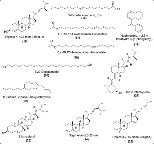Figure 6. Structural identity of GC-MS analyzed components 15–25 of A. pavonina leaf extract.