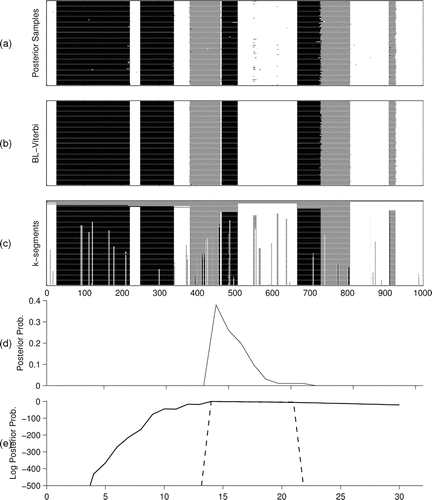 Figure 3 Comparison of k-segment paths with standard summaries. (a) 100 posterior samples obtained by FF-BS, (b) 100 most probable paths obtained by BL-Viterbi, (c) k = 1, …, 100 paths obtained by k-segments, (d) posterior distribution over segment number, and (e) log-posterior distribution obtained by k-segments (-) and by Monte Carlo (- -) using FF-BS.