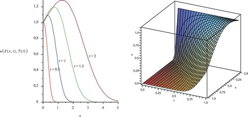 Figure 3. Numerical experiments with the analytical solution of the convection–diffusion–reaction equations (Left figure: contour 2D plot and right figure: full 3D plot).