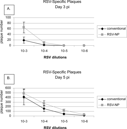 Figure 4 Dynamic range and sensitivity of detection of RSV-NP plaque assay compared with a conventional plaque assay. The viral titer of RSV-infected Vero cells was determined at day 3 pi (A) and day 5 pi (B) using conventional immunostaining plaque assay or single-step detection using 1:250 dilution of RSV-NPs derived from 585 nm QDs. RSV plaques were enumerated using an Amersham Biosciences Typhoon 9210 scanner.Abbreviations: RSV-NP, respiratory syncytial virus-nanoparticles; QDs, quantum dots.