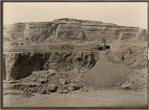 Figure 4. Backdirt from Pueblo Bonito being dumped into Chaco Wash. Photograph by O. C. Havens, 1924. National Anthropological Archives, Smithsonian Institution, NGS 0471.