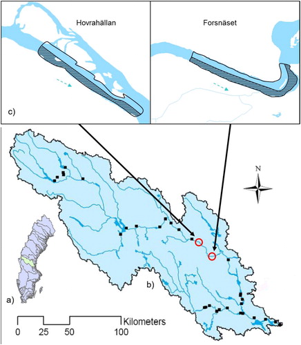 Figure 1. (a) The catchment area of River Ljusnan, Sweden. (b) The location of the study sites Forsnäset and Hovrahällan in the main-stem of Ljusnan. Hydropower stations are marked with black dots. (c) Close-up of the studied sections. In the shaded sections boulders were added in 2003.