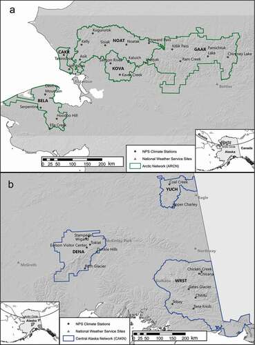 Figure 1. (a) Locations of the climate monitoring stations and park units in the NPS Arctic Inventory and Monitoring Network (ARCN): Bering Land Bridge National Preserve (BELA), Cape Krusenstern National Monument (CAKR), Gates of the Arctic National Park and Preserve (GAAR), Kobuk Valley National Park (KOVA), and the Noatak National Preserve (NOAT). (b) Stations in the NPS Central Alaska Inventory and Monitoring Network (CAKN): Denali National Park and Preserve (DENA), Wrangell–St. Elias National Park and Preserve (WRST), and Yukon–Charley Rivers National Preserve (YUCH).