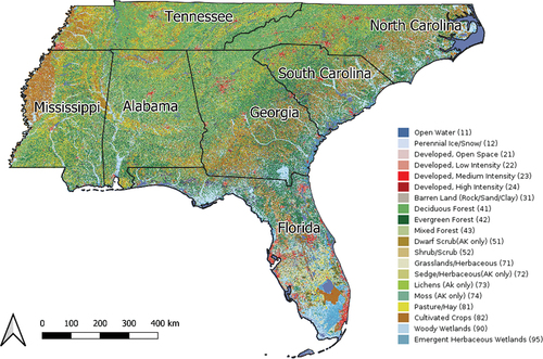 Figure 1. Study area located in the US southeastern states, including North Carolina, South Carolina, Alabama, Florida, Georgia, Mississippi, Tennessee. The base map is NLCD1992, which shows that the study area has extensive forest coverage.