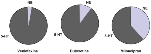 Figure 2 Selectivity of different serotonin and norepinephrine reuptake inhibitors for the monoamine transporters. The segments represent the selectivity for the human norepinephine and serotonin (5-HT) transporters calculated according to data from Koch et al.Citation55