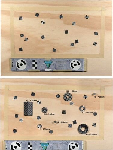 Figure 3. Patterned adhesive labels were affixed to the monitoring area to create distinct features for photogrammetric model generation (top). Objects numbered 1–8 (with the prefix H) were added to the board (bottom) and their height on the board was determined by taking and averaging measurements using a vernier caliper on four points of each object. © J. Paul Getty Trust