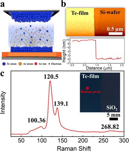 Figure 3. (a) A 3D layout of the proposed sputtering process for uniform Te-film deposition at low temperature in the presence of Ar gas flow. (b) Thickness profiles of the proposed Te-film in terms of AFM image (upside) and height profile (downside). (c) Raman spectroscopy of the deposited Te-film with an inset of Te-substrate and marking of Raman measurement point.