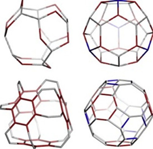 Figure 16 Top row: BTZ_24 designed from S2(T)_28=C28. Bottom row: BTA_48 formed by spanning the Le(P4(T))_48 cage.