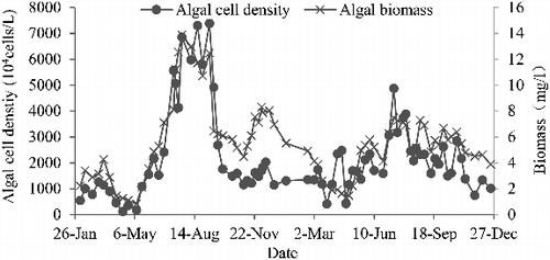 Figure 4. Seasonal variations in algal cell density and biomass from 2013 to 2014 in the Zhoucun Reservoir.