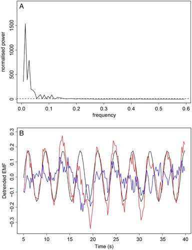 Figure 3 (A) Lomb–Scargle periodogram – dashed line denotes threshold of statistical significance (P-value of 0.05). Oscillations with normalized power above dashed line are statistically significant. (B) Observed signal (red), dominating the sinusoid contribution (black), and the difference between these two (blue) that represents oscillations induced by the cardiac action.