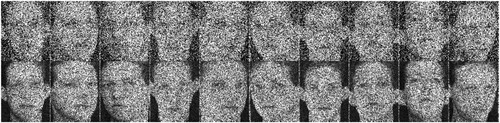 Figure 7. The Gaussian noised images (first row) and speckle noised images (second row) from ORL database σ=0.2.