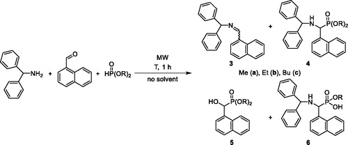 Scheme 2. Kabachnik–Fields reaction of benzhydrylamine, 1-naphthaldehyde and dialkyl phosphites.