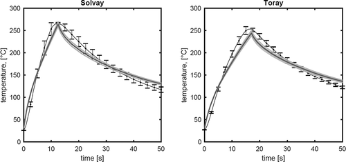 Figure 9. Comparison of simulation and experimental results. The black line with the error bars represents the mean and standard deviation of the experimental data. The thick dark grey line gives simulation result using the mean values of the electrical conductivities, while the thin grey lines represent the simulation results in which one or more values of the electrical conductivity was varied with 5%