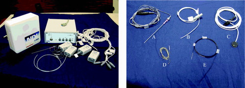 Figure 1. The Aurora system and electromagnetically tracked tools from Northern Digital and Traxtal Technologies. A: MagTrax needle; B: catheter; C: skin patch; D: sensor coil; E: guidewire. [Color version available online.]