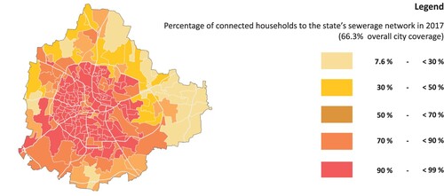 Figure 3. The state’s sewerage network in Bengaluru: percentual household coverage per ward (BWSBB, 2017). Source: Smart City Challenge Round 3: Smart City Proposal Bengaluru [Annexures, p. 5] (GoI, 2017).