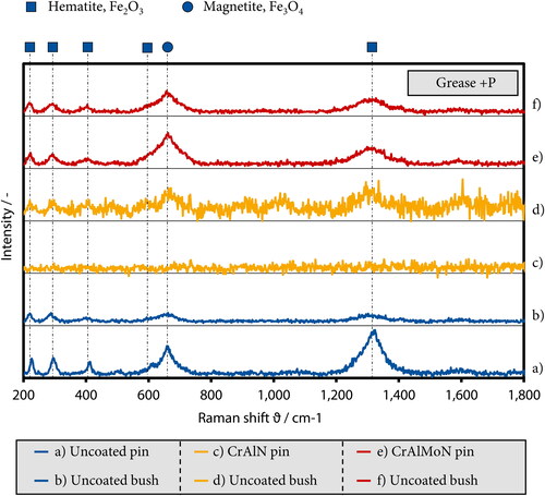 Figure 14. Raman spectroscopy analysis of the tribofilm analysis of the worn chain specimen with grease +P lubrication.