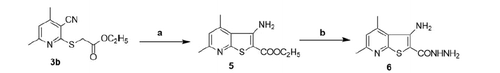 Scheme 2. Conversion of 3b to thienopyridine derivatives (a = NaOEt/EtOH, b = NH2NH2).