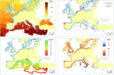 Figure 2. Sample indicators derived from European Atlas of the Seas: (a) R&R index obtained from a classification of the European Seas based on the 2000–2012 MODIS-derived SST climatological mean; (b) Mediterranean Sea coastal waters classification in categories of increasing potential for the development of settlements or tourism, based on the climatic factors expressed by the R&R index; (c) near-coastal sites declared either of poor water quality or non compliant with the mandatory limits imposed by the EC Bathing Water Directive in 2011; (d) coupled state-of-bathing-waters (SBW) and aggregated-tourism-facilities (ATF) indicators (1 = low, 4 = high), from the coastal water quality (as reported by the EU Member States in 2011) and from the aggregated number of tourist establishments bedrooms and bed-places, (as reported by NUTS 3 regions for 2011, according to Eurostat). The EU Member States and Associated Countries are color coded in yellow, while the NUTS 3 regions for statistical reporting are color coded in grey.
