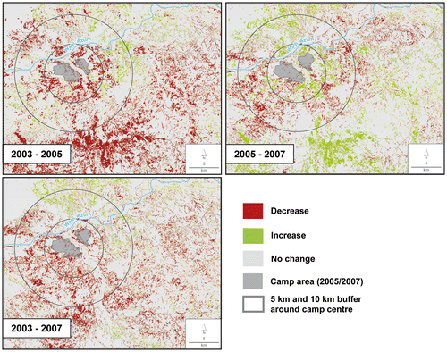 Figure 6. Change maps of open to very open trees resulting from the SPOT-4 data analysis.