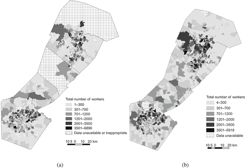 Figure 3. Distributions of workers based on residence locations: (a) 1990; (b) 2000.